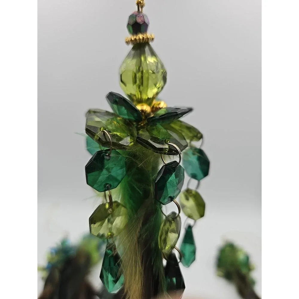 Holiday Time Green Feather Christmas Ornaments Lot Blue & Green Crystal Boho 5pc